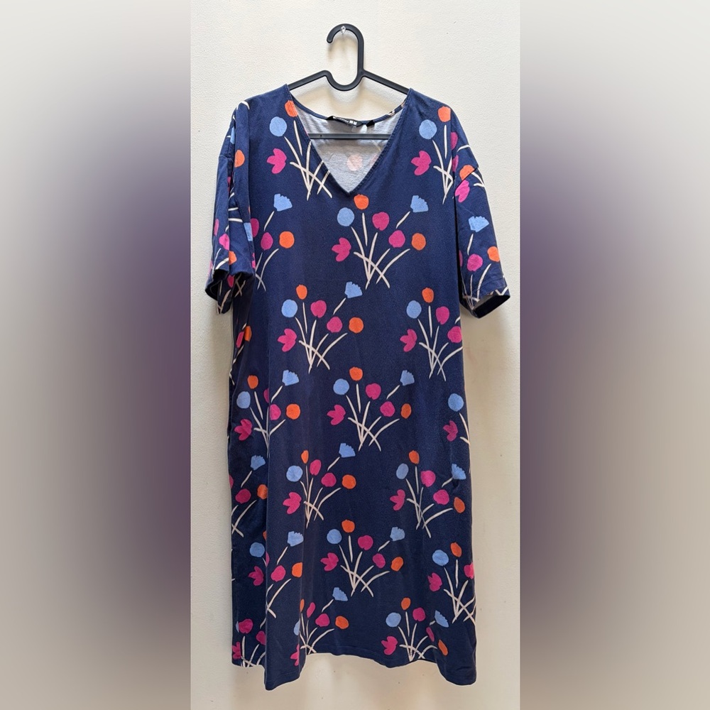 Marimekko For Uniqlo Navy Dress with Pink and Light Blue Flower Accents